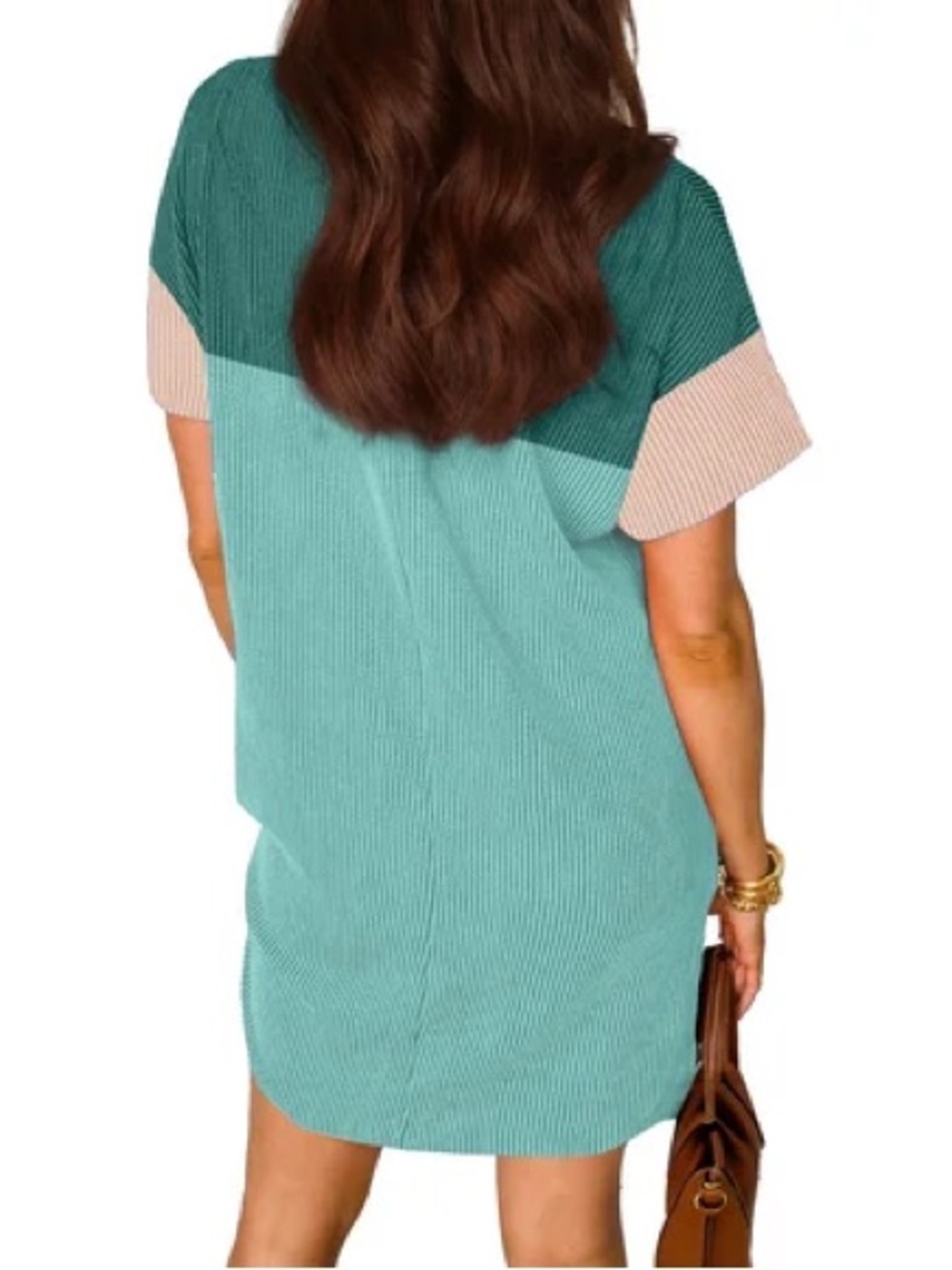 Casual Colorblock Ribbed Knit Tee Dress in Mint and Teal NEW w Tags - Picture 2 of 3